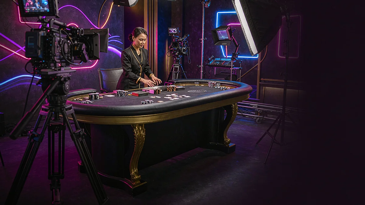 Camera and studio lighting facing a casino table — q777 guidance Camera and studio lighting facing a casino table